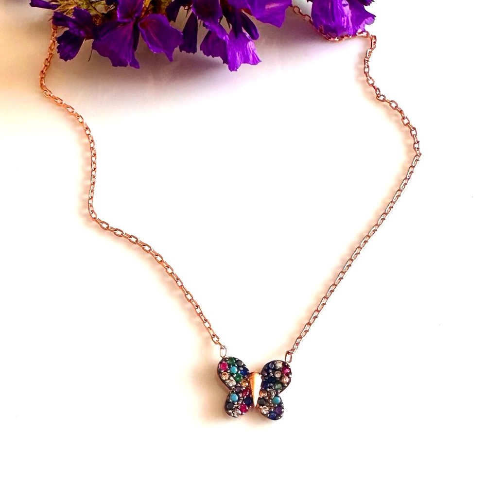 Dainty, Colorful Zircon Stone Butterfly Sterling Silver Necklace, Rose Gold